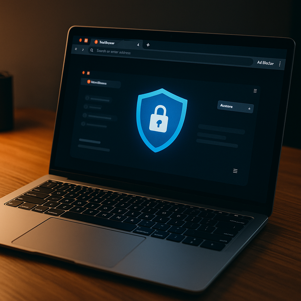 Brave Browser interface showing privacy shield on laptop screen