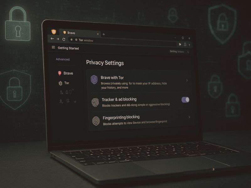 Advanced privacy features in Brave Browser on laptop screen