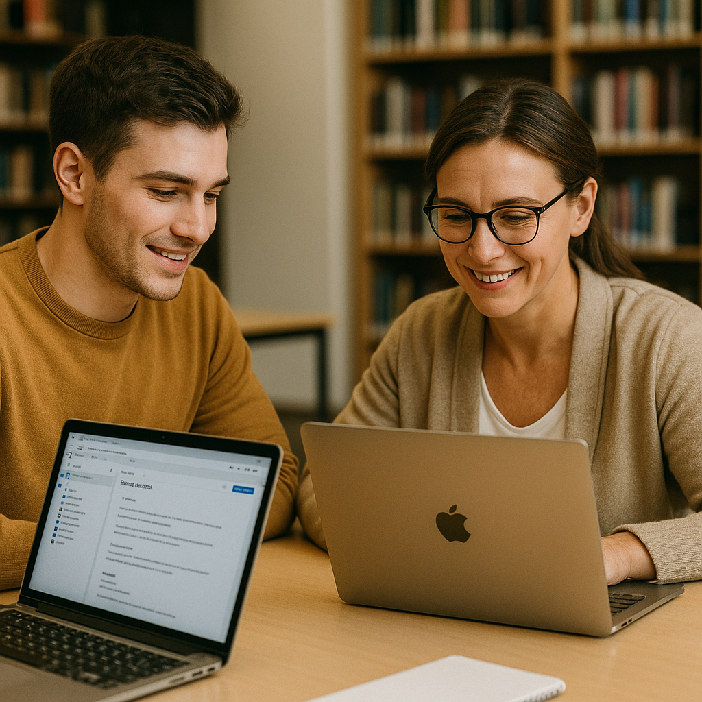 Students and professionals collaborating on laptops with best browser tools in a library