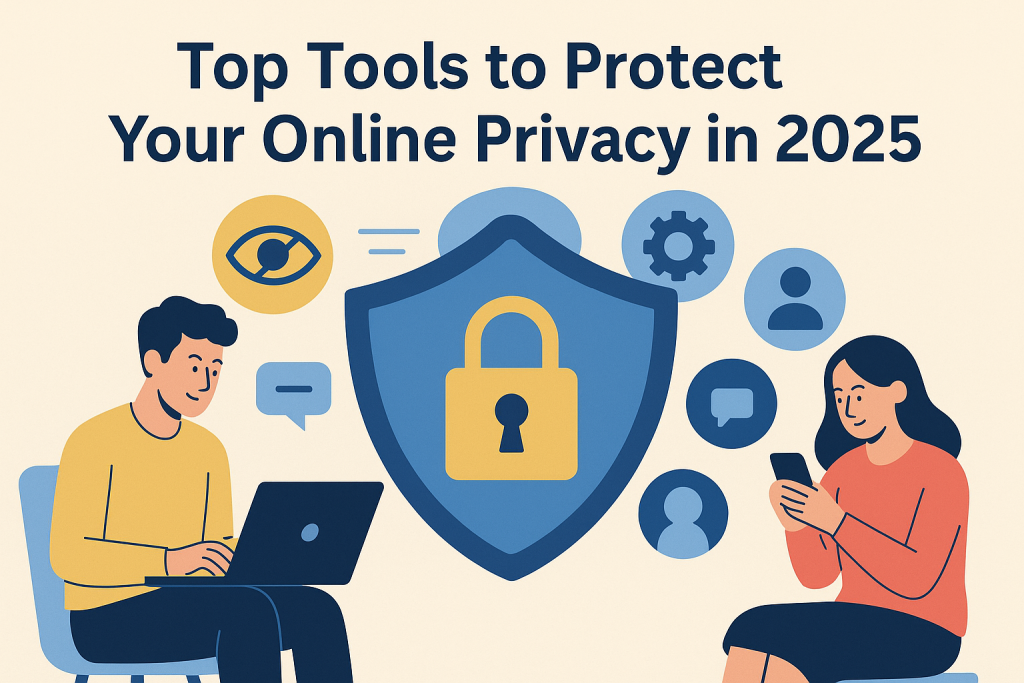 Illustration of a man and woman using devices beside a shield with padlock, representing online privacy tools in 2025.